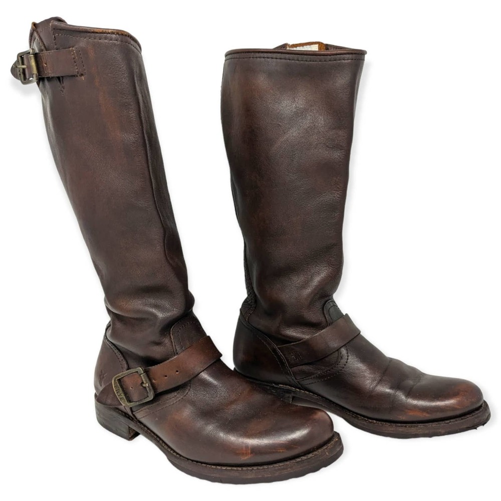 Frye Boots Veronica 77609 Slouch Knee High Leather Buckle Brown Women's Size 8.5